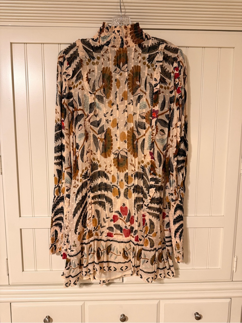 FARM Rio Palms Paradise Cream Floral Smocked High-Neck Long-Sleeve Mini Dress - Picture 7 of 15